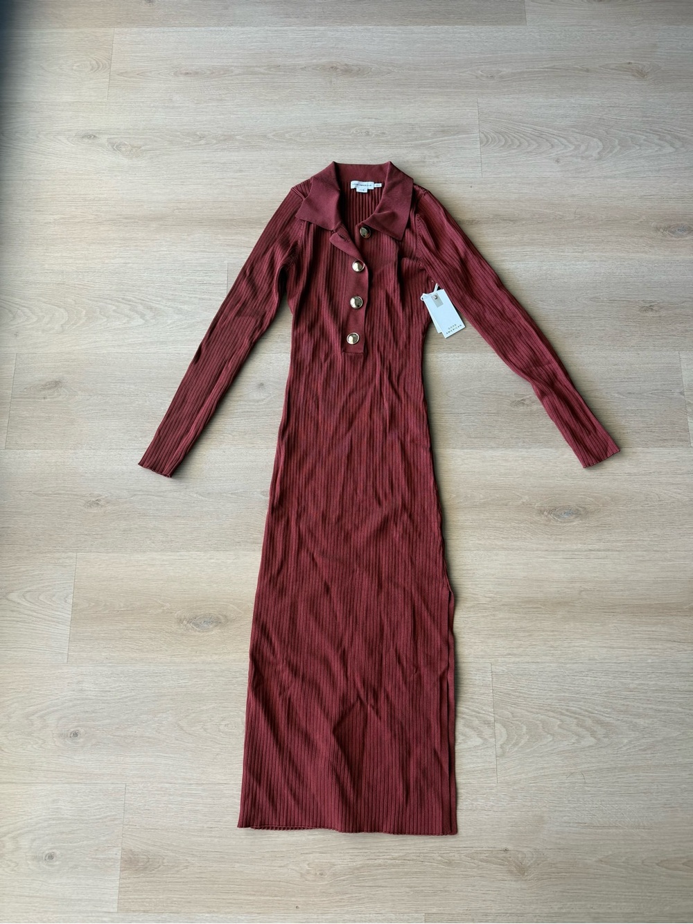 Good American Rust Ribbed Collared Midi Dress with Button Placket - Picture 3 of 4